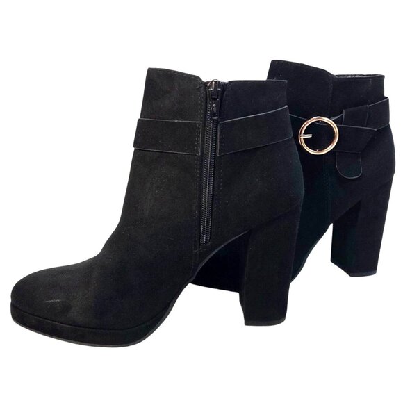 LC Lauren Conrad Avant Black Faux Suede Buckle Block Heel Ankle Booties Size 5 - Picture 3 of 7